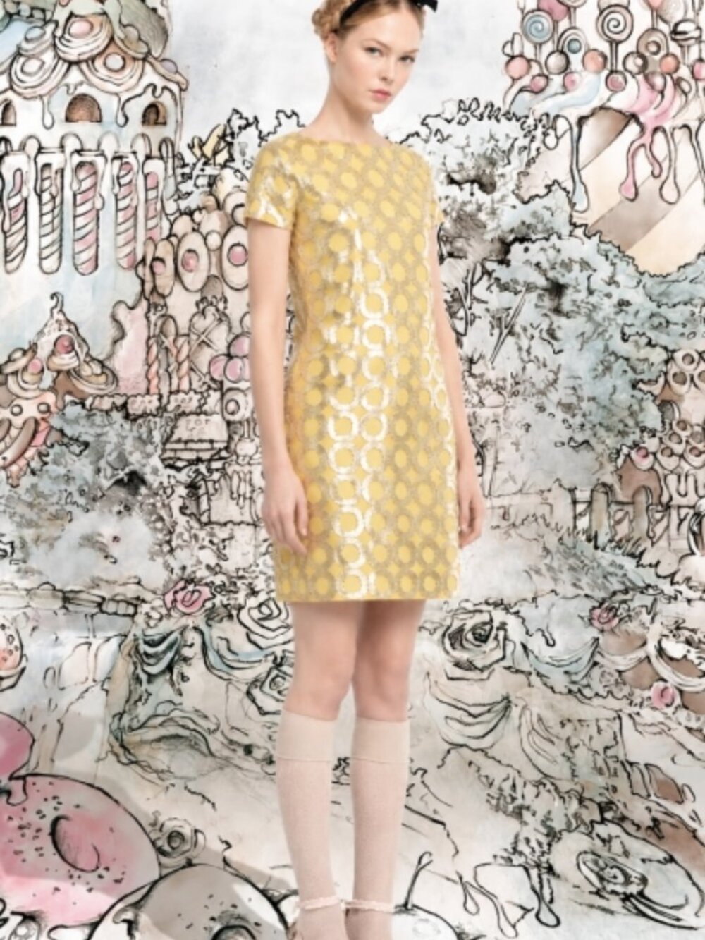 NWOT Red Valentino Yellow Glitter Short Sleeves Shift Dress M US8 (Orig. $720)